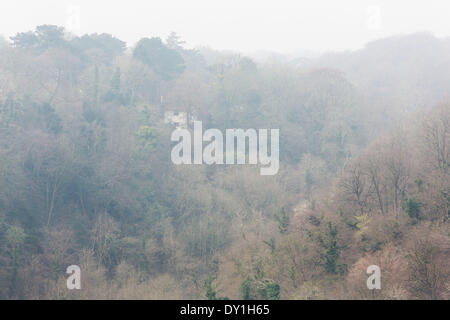 Bristol, UK. 3. April 2014. Ein Haus in Leigh Woods, Bristol, ist im Hintergrund der Smog gehüllt. Eine Kombination von Staub aus der Sahara, Emissionen aus Europa und Umweltverschmutzung hat eine Decke aus Smog über großen Gebieten des Vereinigten Königreichs - woraufhin Warnungen von Gesundheitsbehörden geschaffen. 3. April 2014 Kredit: Adam Gasson/Alamy Live-Nachrichten Stockfoto