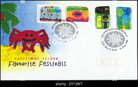 Gedenkmünze ersten Tag decken Briefmarken Weihnachtsinsel Lieblings Festivals 15. Juli 1999 Sonderstempel Stockfoto