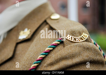 Epilette Abzeichen getragen von einem Soldaten aus dem 2. Batt. Mercian Regiment zeigt ein Eichenblatt und Eichel unter dem Motto "Firma" Stockfoto