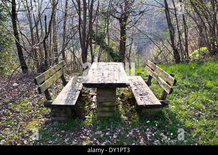 Ein Holz Tisch und zwei Bänke in einem kleinen Rastplatz am Berg. Stockfoto