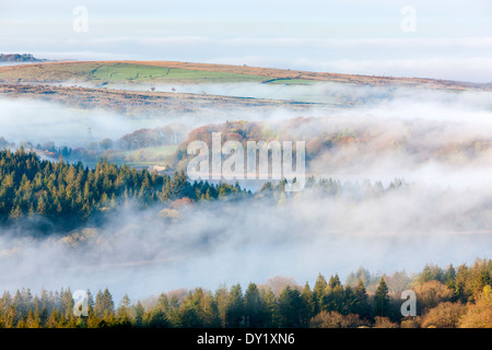 Blick über nebligen Burrator Reservoir aus Leder Tor, Dartmoor National Park, Sheepstor, West Devon, England, UK, Europa. Stockfoto