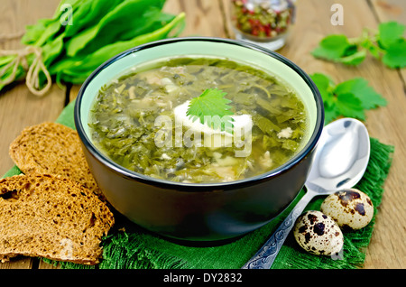 Grüne Suppe von Ampfer, Brennnessel und Spinat in eine Schüssel, Löffel, Brot, Pfeffer, Wachteleier auf einem Holzbrett Stockfoto