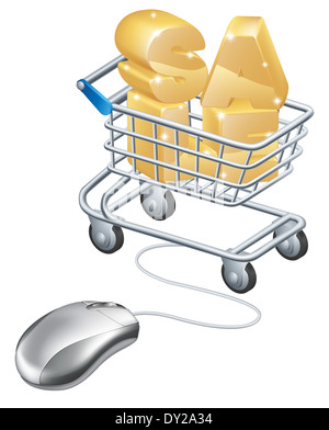 Ein Beispiel für eine Maus angeschlossen Trolley mit dem Wort Verkauf drin. Konzept für eine Online-Internet-Verkauf. Stockfoto