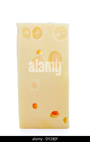 ein Stück Käsemarke Käse mit den markanten Löchern auf weißem Hintergrund Stockfoto
