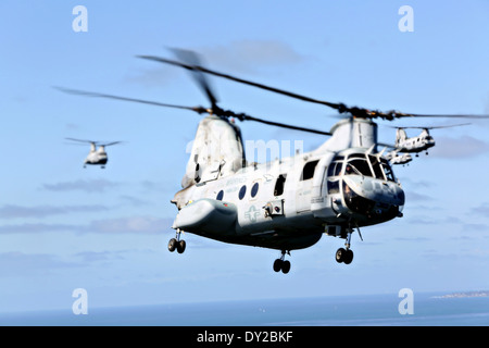 US-Marines fliegen Hubschrauber CH-46E Sea Knight in Bildung 31. März 2014 über San Diego, Kalifornien. Nach 47 Jahren fliegt die CH-46 werden die Marines den Hubschrauber-Übergang auf das MV-22 Osprey kippen-Rotor Flugzeug in den Ruhestand. Stockfoto