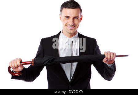 Porträt eines Geschäftsmannes halten Dach isoliert auf weißem Hintergrund Stockfoto Porträt eines Geschäftsmannes halten Dach isoliert auf weißem Hintergrund Stockfoto