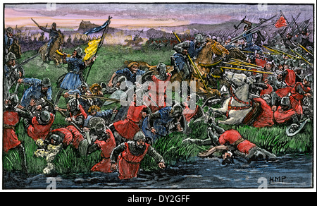 Scots Rout die englische Armee in der Schlacht von Bannockburn, 1314. Hand - farbige Holzschnitt Stockfoto