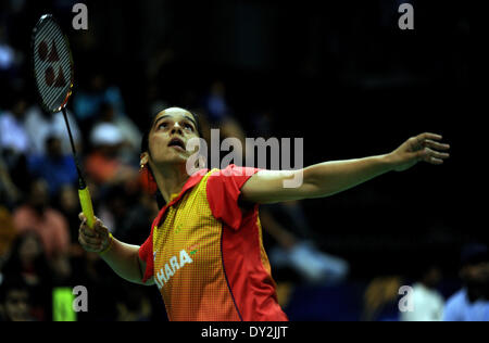 Neu-Delhi, Indien. 4. April 2014. Saina Nehwal Indiens trifft eine Rückkehr während der Frauen Einzel Viertelfinal-Match der Yonex-Sunrise India Open 2014 gegen Wang Yihan aus China in Neu-Delhi, Indien, 4. April 2014. Saina Nehwal verloren 0-2. © Partha Sarkar/Xinhua/Alamy Live-Nachrichten Stockfoto