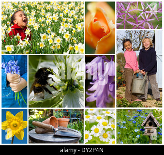 gemischt, Rennen, Kinder, Mädchen & Jungen spielen genießen gesunde Frühlingsgarten Gießkanne zusammenzuhalten, lachen unter Blumen Stockfoto