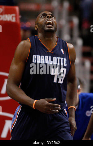 2. April 2014: Charlotte Bobcats vorwärts Anthony Tolliver (43) reagiert während des NBA-Spiels zwischen die Charlotte Bobcats und die Philadelphia 76ers im Wells Fargo Center in Philadelphia, Pennsylvania. Die Bobcats gewannen 123-93. Christopher Szagola/Cal-Sport-Medien Stockfoto