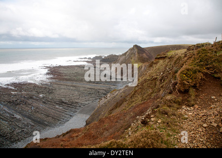 Felsigen Welle schneiden Plattform erosive Landschaftsformen mit Bergrücken gebildet von erodierten geneigten Schichten am Hartland Quay, North Devon, England Stockfoto