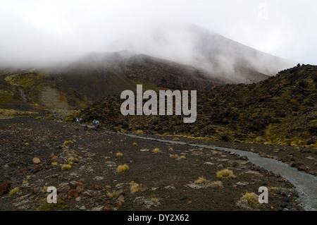 Gepflegter Pfad mit Wanderer entlang der Anfangsphase der Tongariro Alpine Crossing, Neuseeland. Stockfoto