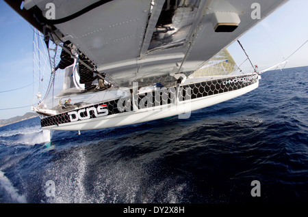 An Bord Hydroptere DCNS Alain Thebault und seine Crew (Yves Parlier, Jean le Cam, Jacques Vincent, Luc Alphand) während die Tannen Stockfoto