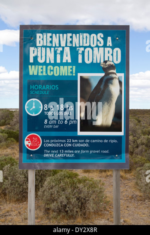 Punta Tombo Straßenschild Werbung Magellan-Pinguine (Spheniscus Magellanicus) Rookery in Argentinien, Südamerika. Stockfoto