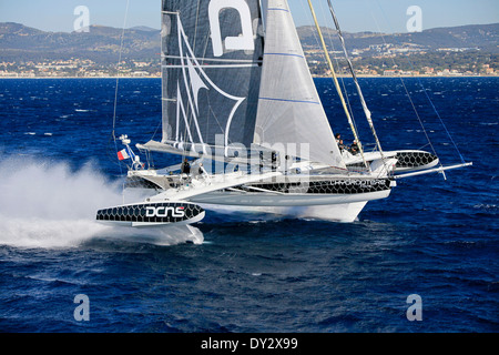 Luftbild-Shooting der Hydroptere DCNS, Alain Thebault und seine Crew (Yves Parlier, Jean le Cam, Jacques Vincent, Luc Alphand) Stockfoto