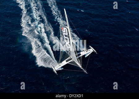 Luftbild-Shooting der Hydroptere DCNS, Alain Thebault und seine Crew (Yves Parlier, Jean le Cam, Jacques Vincent, Luc Alphand) Stockfoto