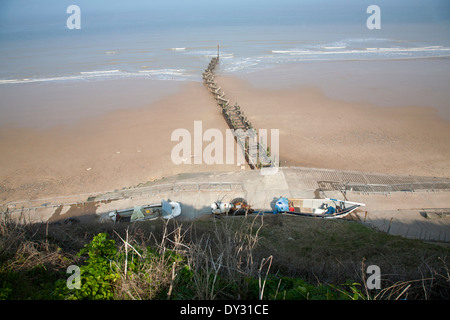 Overhead Schrägansicht der breite Sandstrand bei Ebbe, Overstrand, Norfolk, England Stockfoto