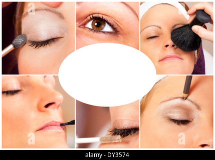 Foto-Collage eines echten Make-up und Beauty-Session mit einer hübschen jungen Frau mit einem Copy-Space in der Mitte des Bildes Stockfoto