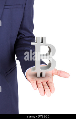 Business-Mann hält Bitcoin Währungssymbol, isoliert auf weißem Hintergrund Stockfoto