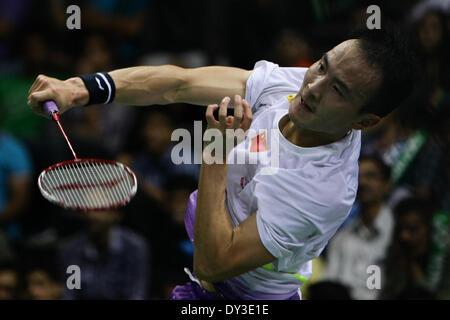 Neu-Delhi, Indien. 5. April 2014. Du Pengyu China konkurriert in der Herren-Einzel-Match gegen Lee Chong Wei von Malaysia bei geöffnetem Badminton 2014 Indien in New Delhi, Indien, 5. April 2014. Du verloren 1-2. © Zheng Huansong/Xinhua/Alamy Live-Nachrichten Stockfoto