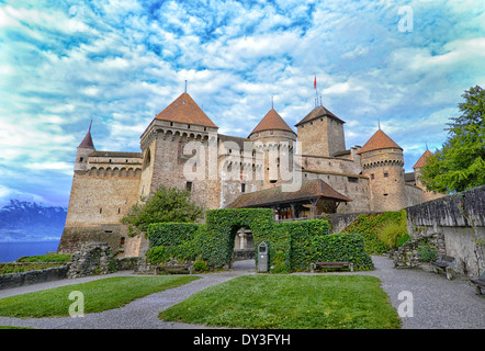 Chateau De Chillon (Schloss Chillon) am Genfer See, Schweiz Stockfoto