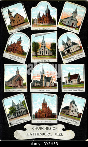 Diese Postkarte zeigt Kirchen in Hattiesburg, Mississippi, die einen Blick auf die lokalen religiösen Strukturen des frühen 20. Jahrhunderts bieten. Stockfoto