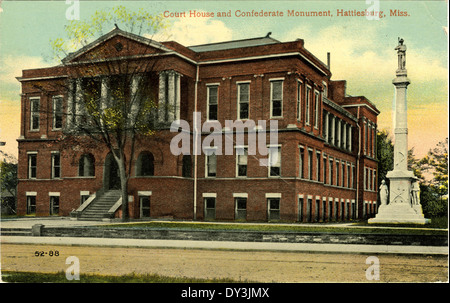 Dieses Foto zeigt das Gerichtsgebäude und das Denkmal der Konföderierten in Hattiesburg, Mississippi, das die historischen Bande und das architektonische Erbe der Stadt symbolisiert. Stockfoto