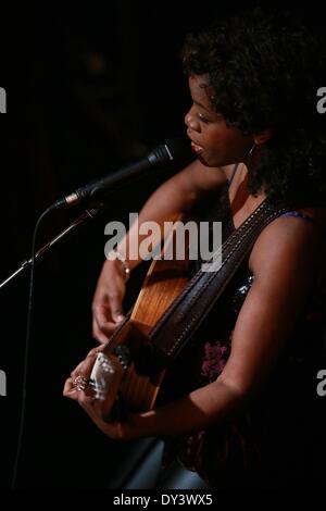 Frankfurt am Main, Deutschland. 5. April 2014. Lisa Doby singt in das internationale Theater in Frankfurt am Main, Deutschland, am 5. April 2014. Lisa Doby präsentiert ein Konzert des Jazz, Blues und Soul am Samstagabend in Frankfurt am Main, Erfassung Publikum nicht nur mit ihrer stimmlichen Fähigkeiten, sondern auch mit ihrer authentischen Bühnenpräsenz und ihre Texte, die von Liebe, Freiheit und Spiritualität erzählen. Bildnachweis: Luo Huanhuan/Xinhua/Alamy Live-Nachrichten Stockfoto