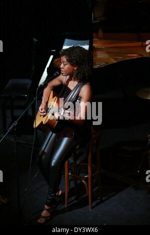 Frankfurt am Main, Deutschland. 5. April 2014. Lisa Doby singt in das internationale Theater in Frankfurt am Main, Deutschland, am 5. April 2014. Lisa Doby präsentiert ein Konzert des Jazz, Blues und Soul am Samstagabend in Frankfurt am Main, Erfassung Publikum nicht nur mit ihrer stimmlichen Fähigkeiten, sondern auch mit ihrer authentischen Bühnenpräsenz und ihre Texte, die von Liebe, Freiheit und Spiritualität erzählen. Bildnachweis: Luo Huanhuan/Xinhua/Alamy Live-Nachrichten Stockfoto