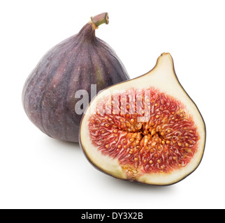 Saftige Feigen mit grünen Blatt isoliert auf weiss Stockfoto