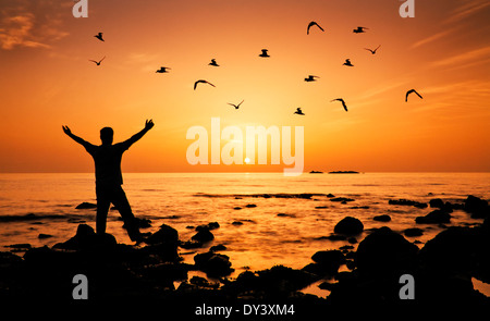 Silhouette eines Mannes mit Arme gespreizt am Strand, Vögel im Hintergrund. Stockfoto