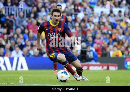 Barcelona, Spanien. 5. April 2014. Leo Messi in der Partie zwischen FC Barcelona und Betis für die Woche 32 der spanischen Liga, gespielt im Camp Nou am 5. April 2014. Foto: Joan Valls/Urbanandsport/Nurphoto. Bildnachweis: Joan Valls/NurPhoto/ZUMAPRESS.com/Alamy Live-Nachrichten Stockfoto