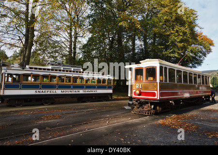 Snaefell Mountain Railway und Manx Electric Railway Straßenbahnen bei Laxey, Isle Of Man Stockfoto