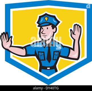 Abbildung eines Verkehr Polizisten Polizisten machen ein Stoppsignal Hand Geste innerhalb Wappen Schild getan im Cartoon-Stil auf isolierte Hintergrund eingestellt. Stockfoto