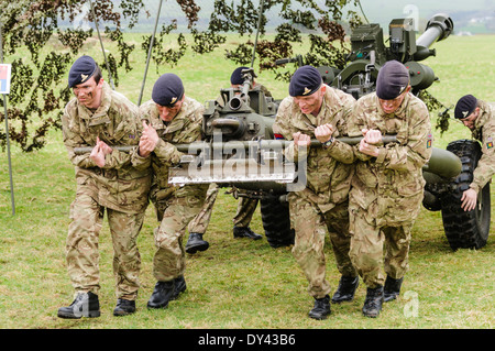 Soldaten der Royal Artillery Stamm ziehen eine 105 mm Light Artillery Gun Stockfoto