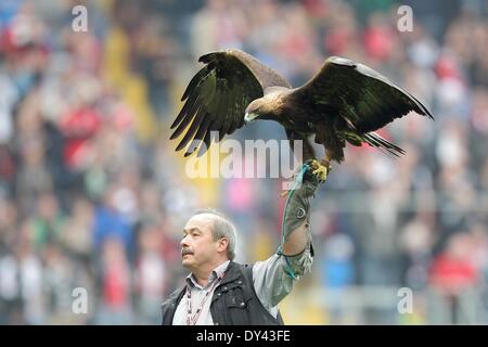 Der Goldene Adler "Attila", Frankfurter Maskottchen, ist während der Bundesliga-Fußball-Spiel zwischen Eintracht Frankfurt und 1 abgebildet. FSV Mainz 05 in der Commerzbank Arena in Frankfurt/Main, Deutschland, 5. April 2014. Frankfurt gewann das Spiel 2: 0. Foto: Fredrik van Erichsen/dpa Stockfoto