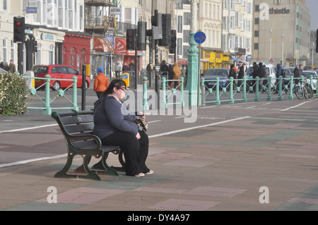 Beleibte Frau sitzen auf einer Bank am Strand von Brighton, UK Stockfoto