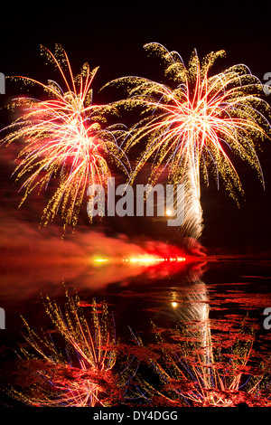 Goldene und rote Feuerwerk reflektiert in einem trüben See Stockfoto