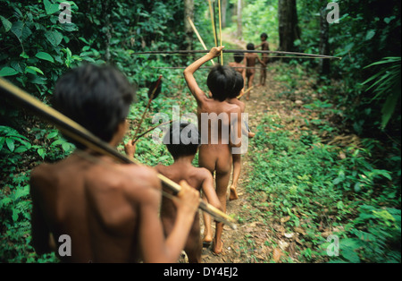 Yanomami Jungs, junge Jäger mit Pfeil und Bogen, lernen zu jagen, während des Spielens im Regenwald. Amazonas, Brasilien Stockfoto