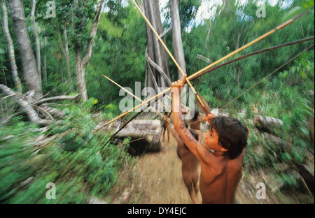 Yanomami Jungs, junge Jäger mit Pfeil und Bogen, lernen zu jagen, während des Spielens im Regenwald. Amazonas, Brasilien Stockfoto