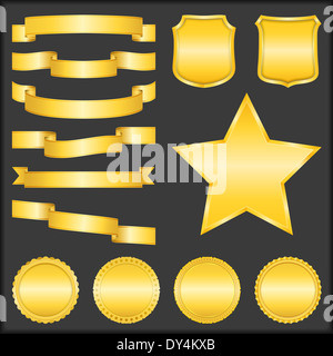 Reihe von verschiedenen leere goldene Bänder, Schilde, Stars und Abzeichen Stockfoto