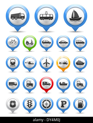 Sammlung von Map-Markierungen mit Transport-Symbole Stockfoto