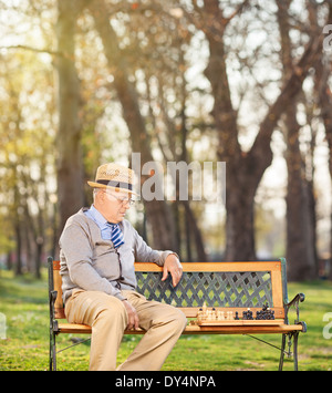 Senior Schachspielen allein sitzen auf Bank im park Stockfoto