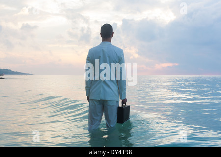 Unternehmer stehen im Meer, Rückansicht Stockfoto