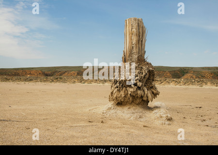 Reste der alten Verkleidung für Salzproduktion auf einem See Baskunchak Stockfoto