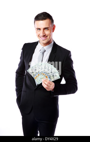 Glücklich Kaufmann mit US-Dollar auf einem weißen Hintergrund isoliert Stockfoto