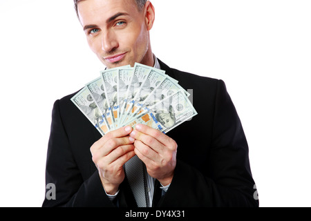 Reicher Geschäftsmann hält US-Dollar auf einem weißen Hintergrund isoliert Stockfoto