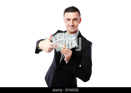 Reicher Geschäftsmann hält US-Dollar auf einem weißen Hintergrund isoliert Stockfoto