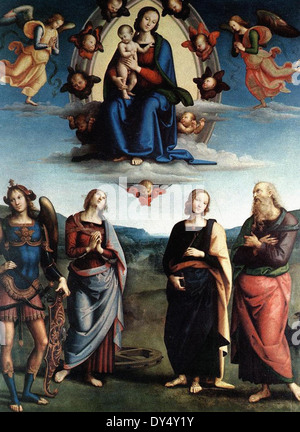 Pietro Perugino Madonna im Ruhm mit dem Kinde und Heiligen Stockfoto