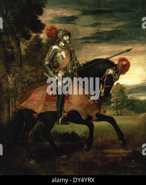 Charles V, Heiliger römischer Kaiser (1500-1558). Karl v. auf dem Pferderücken in Mühlberg, von Tizian (1490-1576), 1548. Stockfoto